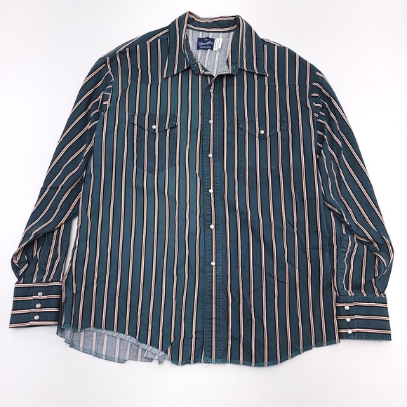 Wrangler Other - Vtg Wrangler Brushpopper Pearl Snap 2XL Green Striped Western Rodeo Cowboy 90's